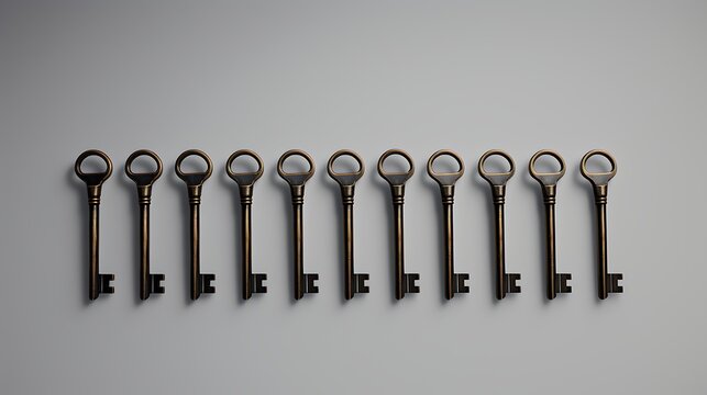 A set of 10 antique keys arranged in a row on a solid white background. The keys are made of metal and have a variety of shapes and sizes.