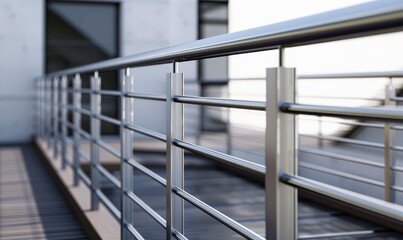 Close-up of a stainless steel railing on a modern balcony, with selective focus and blurred background.
