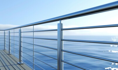 Close-up of a stainless steel railing on a modern balcony, with selective focus and blurred background.