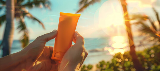 Hands Holding SPF Sunblock Tube Amid Vibrant Beach Scene for Summer Sun Protection Awareness Campaign