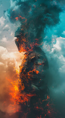 Fototapeta premium Surreal Silhouette of an Armored Warrior with Fiery Cloud Effects 
