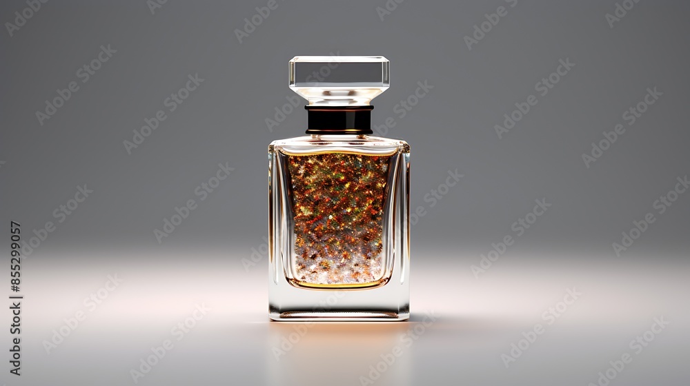 Poster this is a 3d rendering of a perfume bottle. the bottle is made of glass and has a square base.