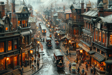 A detailed diorama of a bustling Victorian street, illustrating historical life. Concept of history and daily life. Generative Ai.