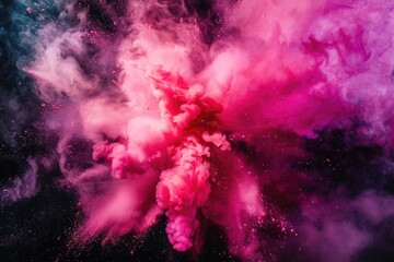 Bright pink paint explosion splash abstract background. Dust explode on black