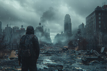 A desolate cityscape with crumbling skyscrapers, illustrating a post-apocalyptic world. Concept of urban decay and destruction. Generative Ai.