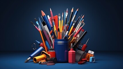 Obraz premium A variety of art supplies are arranged in a blue container on a blue background.