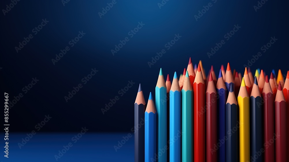 Poster a variety of sharpened colored pencils displayed on a blue background. the pencils are arranged in a