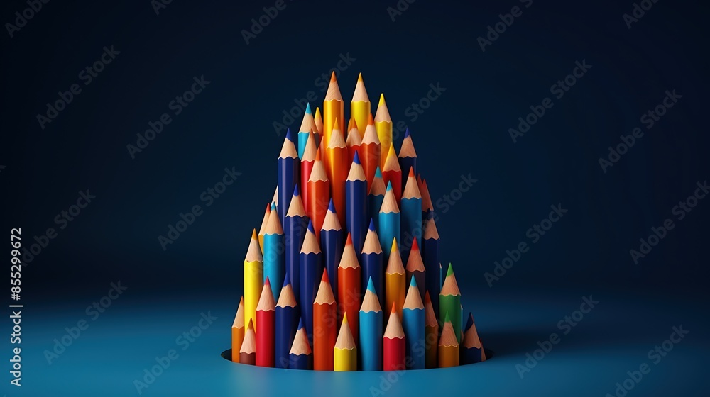 Poster colorful pencils arranged in a conical shape on a blue table. the pencils are arranged in a way that