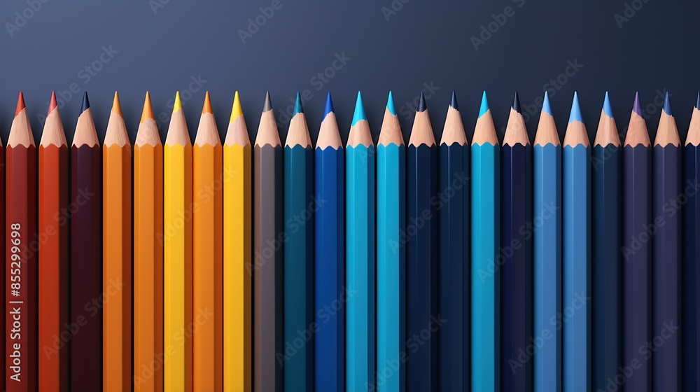 Poster a set of colored pencils arranged in a row on a solid background. the color spectrum ranges from war
