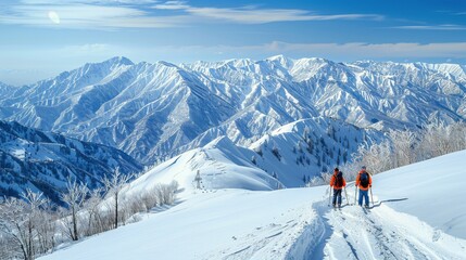 Two People Standing on Top of a Snow Covered Mountain