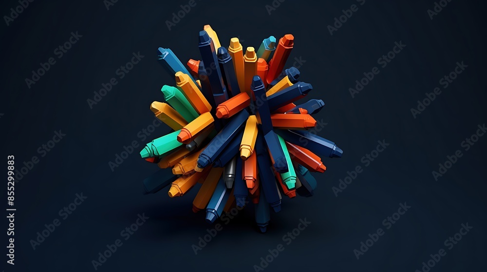 Poster 3d rendering of a colorful cluster of sharpened colored pencils. the pencils are arranged in a spher
