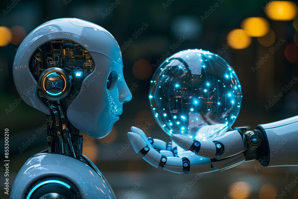 Poster Two AI Robots Interacting With a Luminous Sphere in a Network