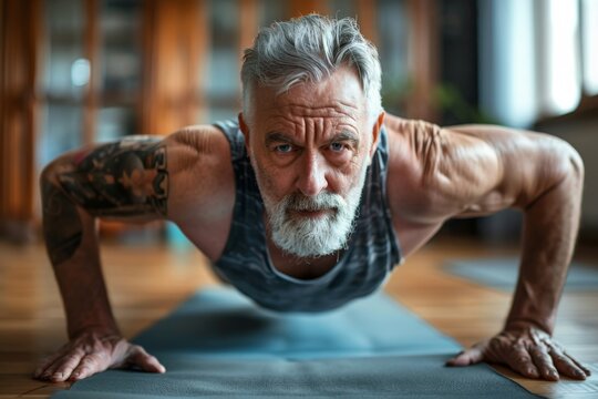 Senior man doing pushups on yoga mat at home