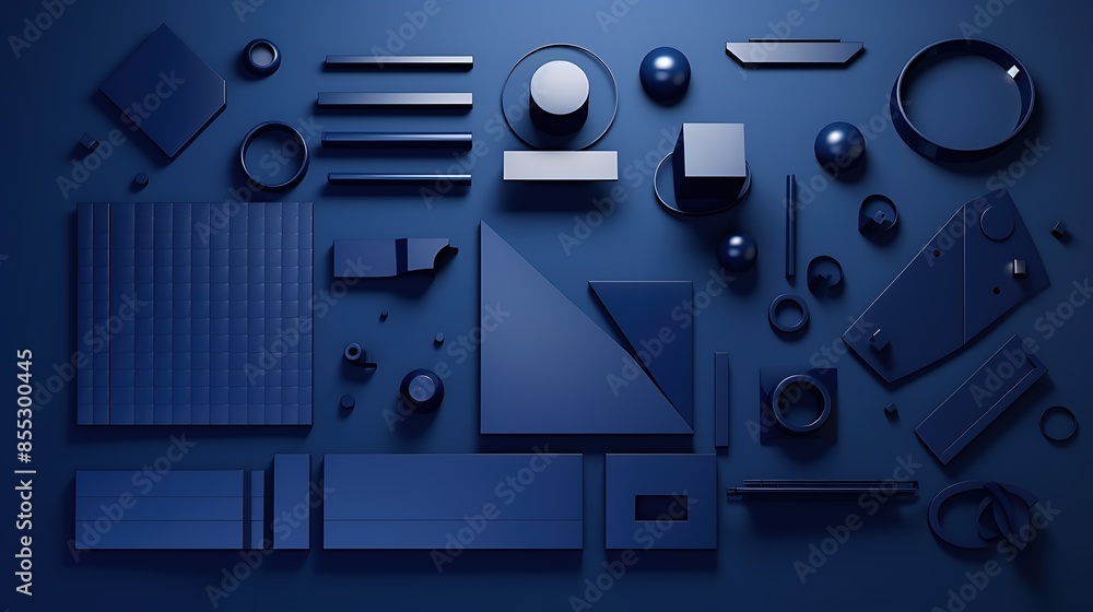 Poster abstract 3d rendering of geometric shapes in various shades of blue.