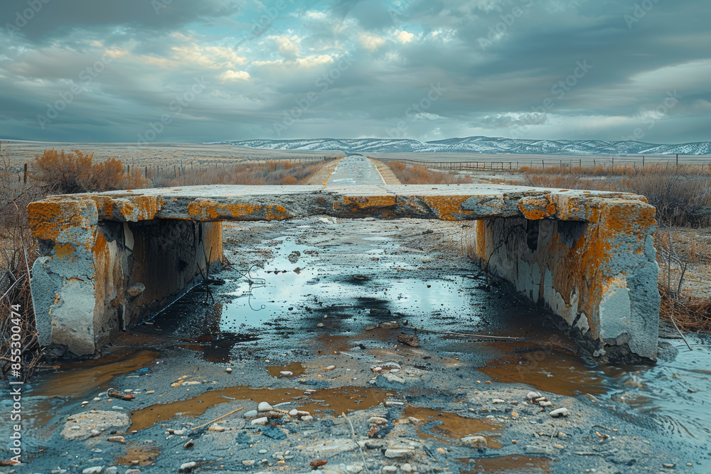Poster a broken bridge over a dry riverbed, highlighting infrastructure collapse. concept of disconnection 