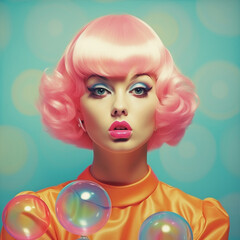 Obraz premium Retro style vintage fashion photoshoot. Beautiful model, elaborate outfit, makeup and glasses. Square frame