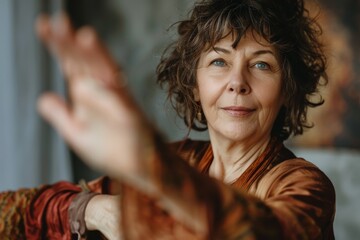 Obraz premium Senior woman making graceful hand gestures while posing