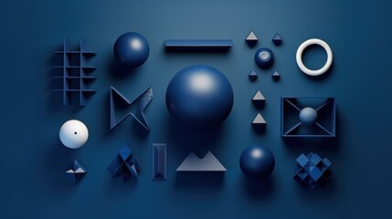Abstract 3D shapes composition. Blue geometric shapes on blue background. 3d rendering illustration.