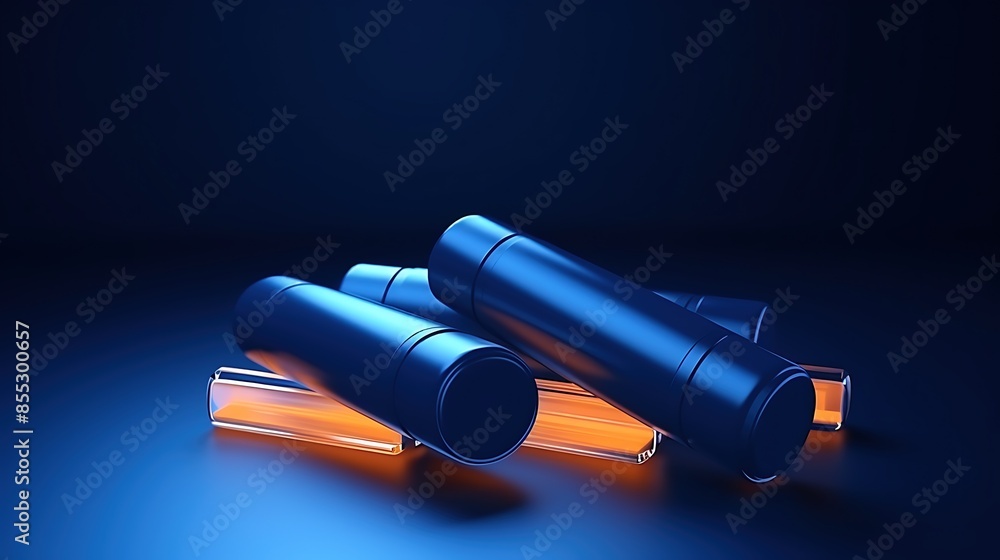 Poster 3d rendering of a group of blue cylinders on an orange glowing surface. the background is dark blue.
