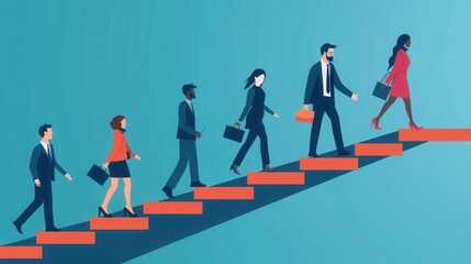 A group of diverse individuals in business attire ascend a staircase symbolizing career growth.