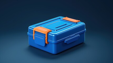 A blue plastic toolbox with orange latches. The toolbox is sitting on a dark blue surface. The toolbox is empty and open.