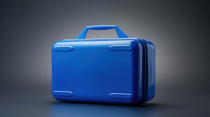 3D rendering of a blue suitcase on a dark background. The suitcase is made of hard plastic and has a handle on top.
