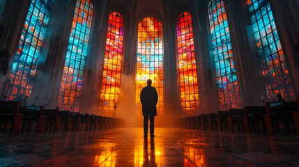 A Priest Alone in a Chapel Surrounded by Brilliant Stained Glass Windows, Dwarfed by Their Silhouette