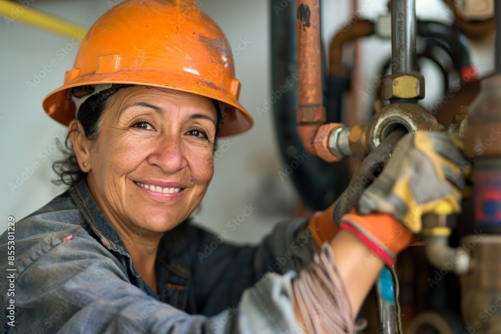 Poster female engineer smiling and fixing a pipeline wearing hardhat