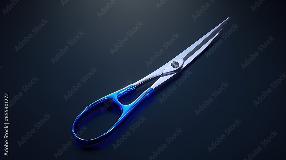 Poster a pair of blue scissors on a dark blue background. the scissors are made of metal and have a sharp b