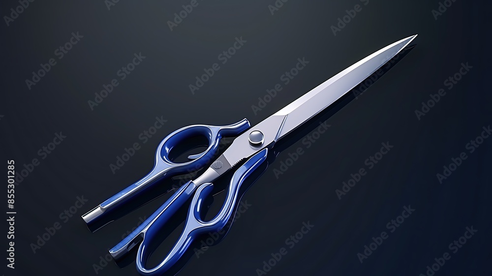 Poster a pair of blue scissors with a silver blade. the scissors are open and the blades are facing up. the
