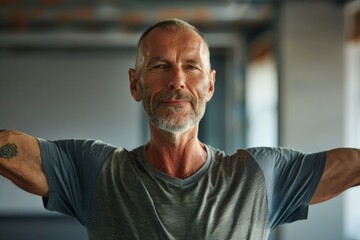 Senior man practicing yoga stretching arms at home