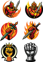 Warriors holding swords and fists surrounded by flames