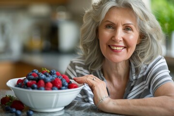 Senior woman smiling and enjoying a bowl of fresh berries in the kitchen