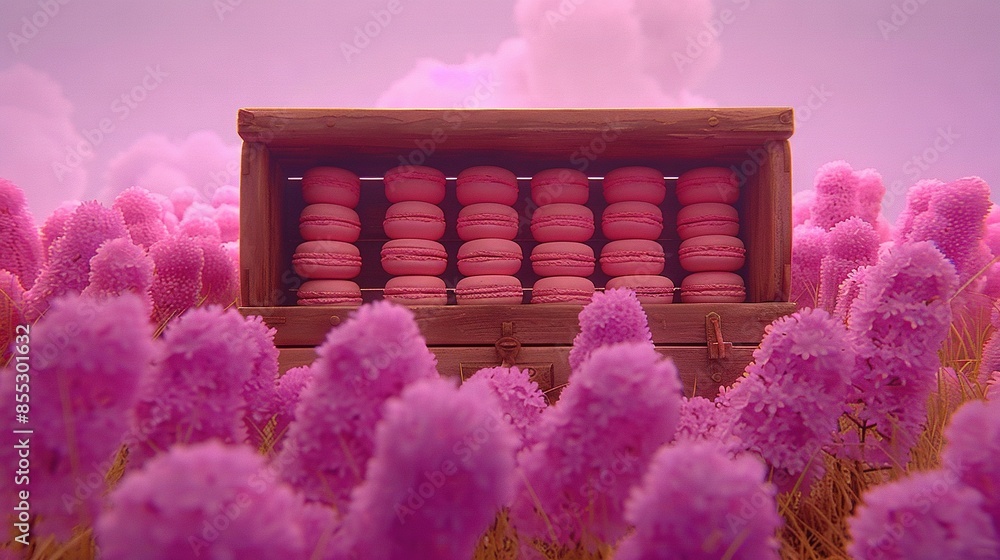 Poster a wooden box filled with pink macaroons in a field of purple flowers and a pink sky in the backgroun