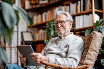 Obraz premium An older man with grey hair and glasses is sitting in a comfortable chair, relaxed and looking at a tablet