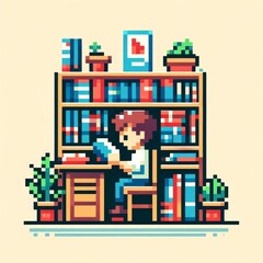 Retro Pixel Art of Boy Reading in Cozy Library Setting
