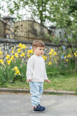 Curious toddler exploring garden pathway