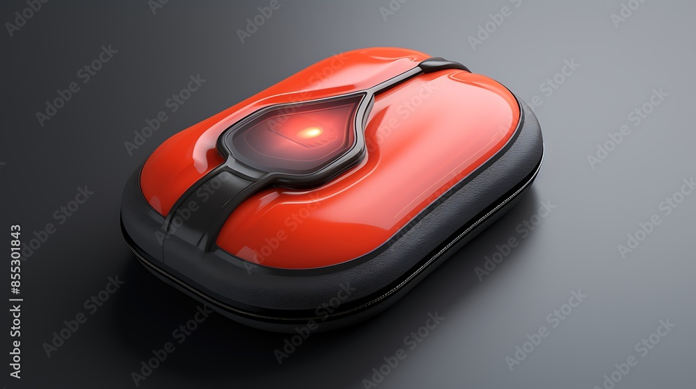 Poster futuristic red and black tech gadget with a glowing red light. it is a concept design for a new type