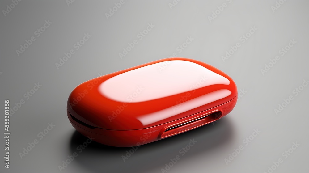 Poster red plastic box with smooth surface. the box is closed and has a small opening on the front. the box
