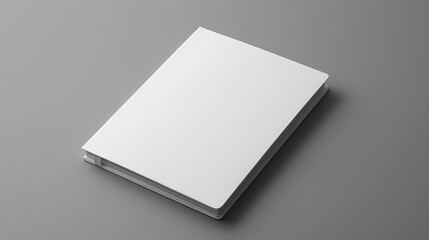 A blank white book mockup on a solid gray background. The book is shown in a perspective view, with the spine facing the viewer.