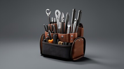 3d rendering illustration of a brown leather tool bag with various tools inside it.