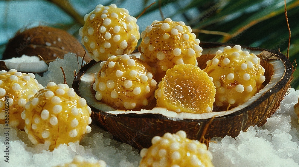 Poster a close-up of various foods arranged in a seashell resting on top of snow, set against a backdrop of