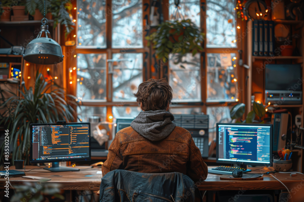 Aufkleber a coder writing software in a high-tech office, representing innovation. concept of technology and d