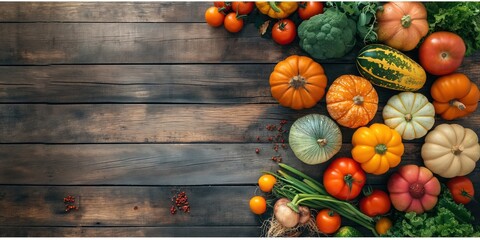 Assorted autumn vegetables on dark wooden background