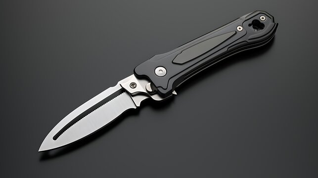 Black and silver metal folding knife with a partially serrated blade, open on a black background.