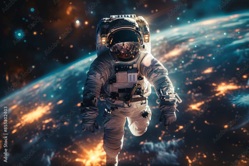 Poster an astronaut floating in the vast expanse of space, gazing at distant galaxies. concept of space exp