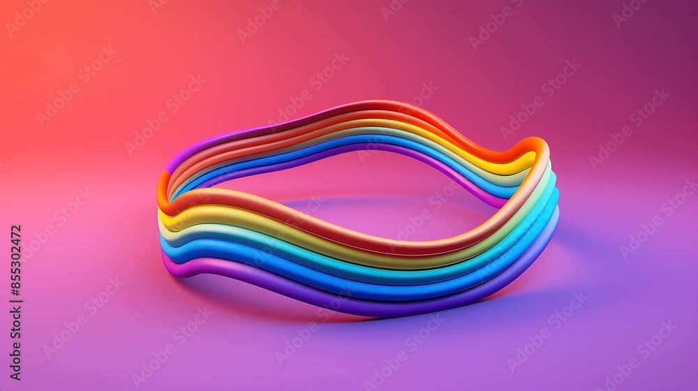 Poster 3d rendering of a twisted torus with rainbow colors on a pink background.