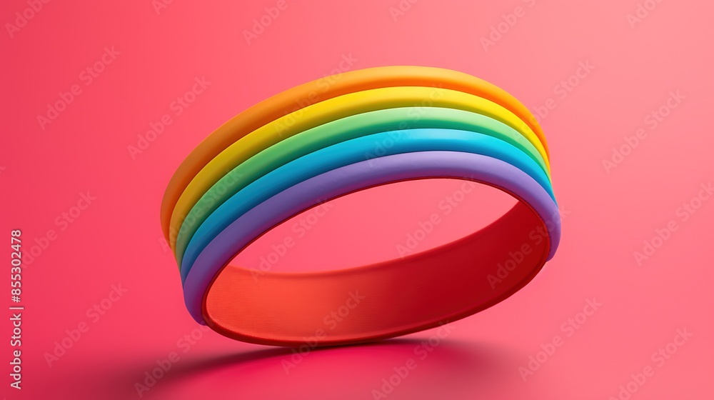 Poster 3d rendering of a rainbow-colored circular shape against a pink background.