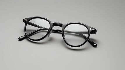 Black plastic eyeglasses with round lenses on a gray background. The glasses are slightly angled to the right.