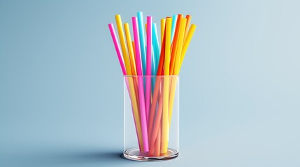 A glass full of colorful straws on a blue background.